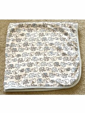 Elephant Stars Baby Blanket Grey Light Blue White Soft Reversible Crib Cotton